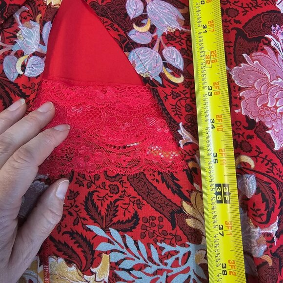 Guess Elysian Wrap Maxi Dress 6 Red Floral Boho Chiffon Layered Slit Lace Inset - Picture 10 of 16